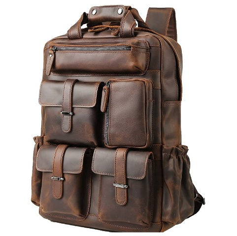 Large Leather Rucksack Backpack Multi Pocket Brown