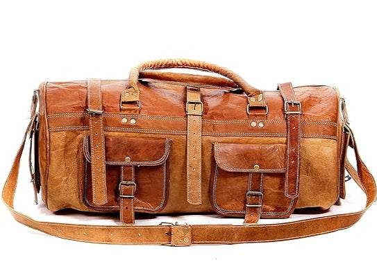 22" Russet Brown Leather Duffle Bag Premium Travel Weekender