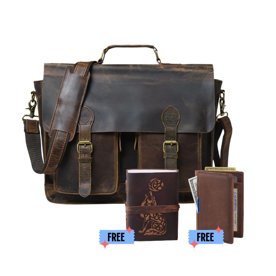 Hunter Leather Messenger Bag - Free Leather Journal & Wallet