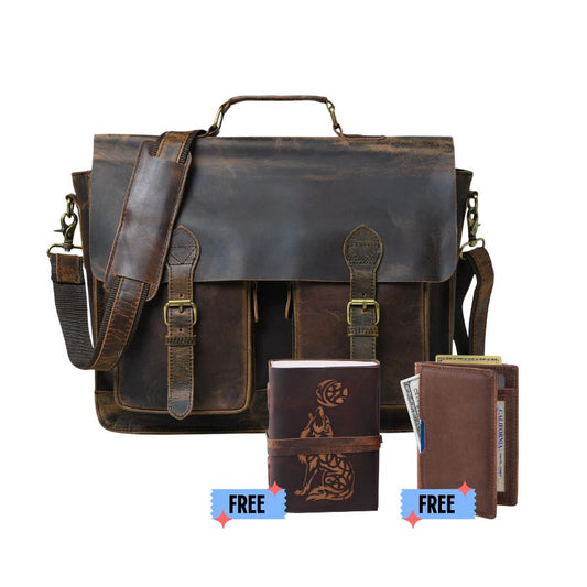 Hunter Leather Messenger Bag - Free Leather Journal & Wallet