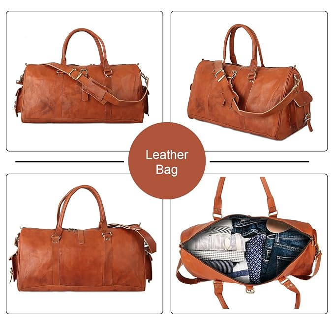Brown Leather Triangle Weekender Duffle Bag for Travel