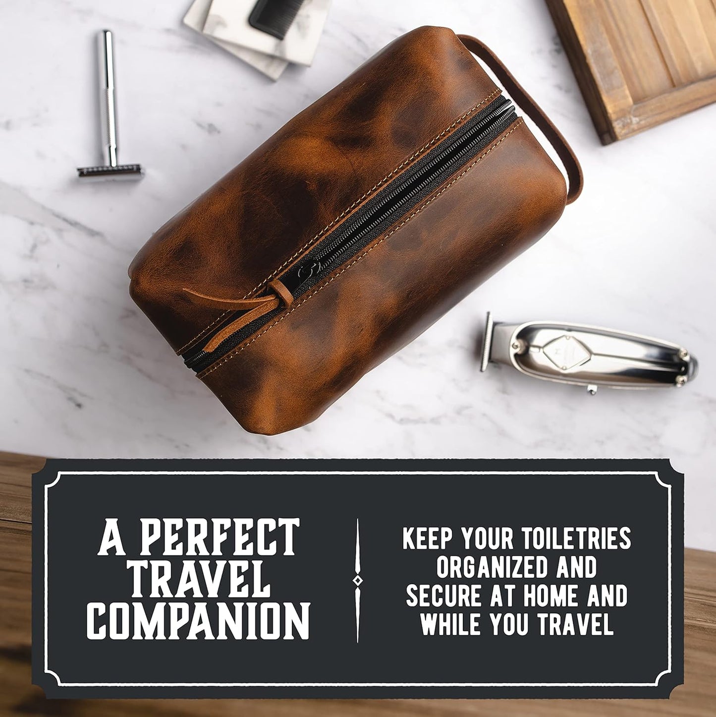 Classic Full-Grain Buff Leather Toiletry Bag for Travel