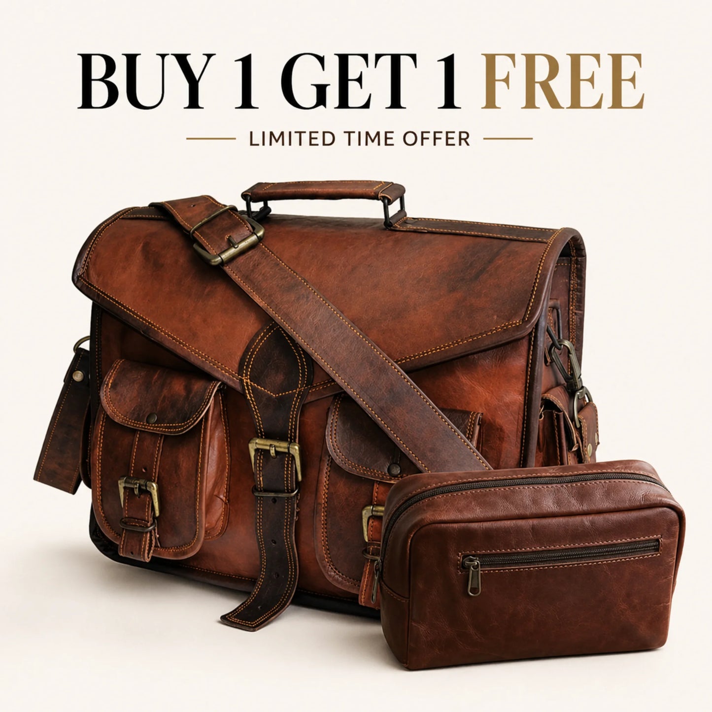 Leather Briefcase Classic Executive Bag + Free Toiletry Bag