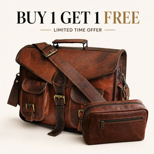 Leather Briefcase Classic Executive Bag + Free Toiletry Bag