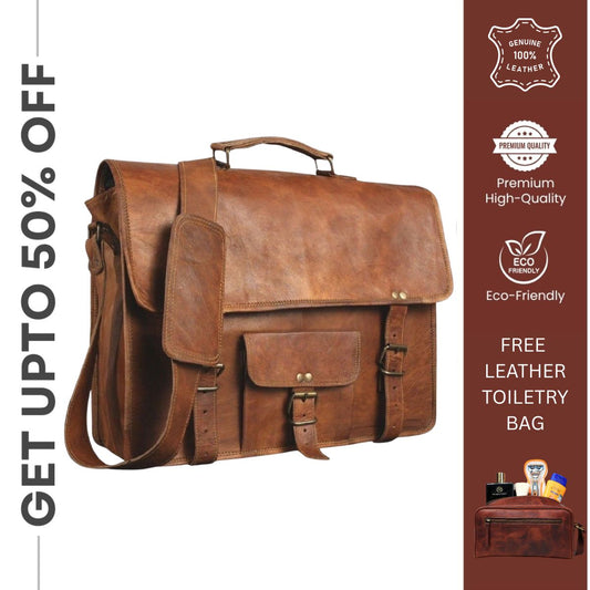 Leather Messenger Briefcase Bag + Free Toiletry Bag
