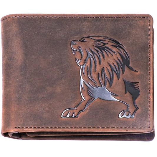 Men's Vintage Brown Leather Wallet with Lion Design