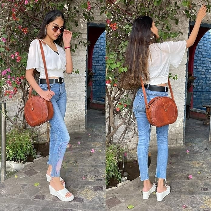 MetroVoyage Round Brown Leather Crossbody Bag