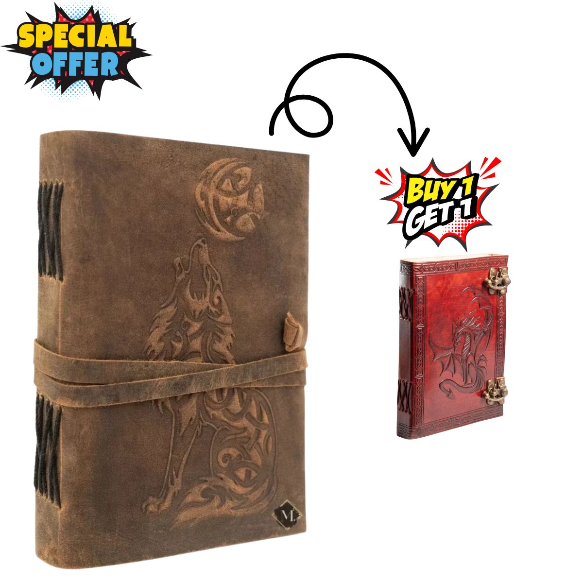 Combo Set Handmade Leather Wolf Embossed Journal