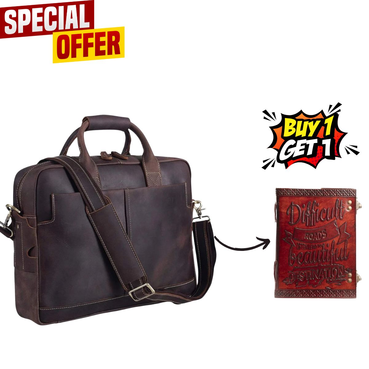 Luxury Genuine Full-Grain Leather Briefcase for Professionals + Free Journal