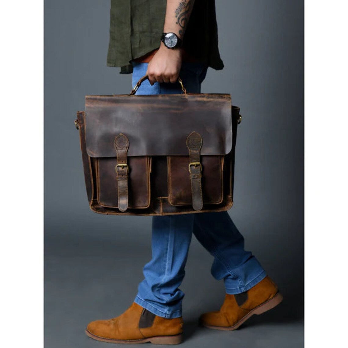 Vintage Buffalo Leather Messenger Bag 2-Pocket Laptop Briefcase for Men