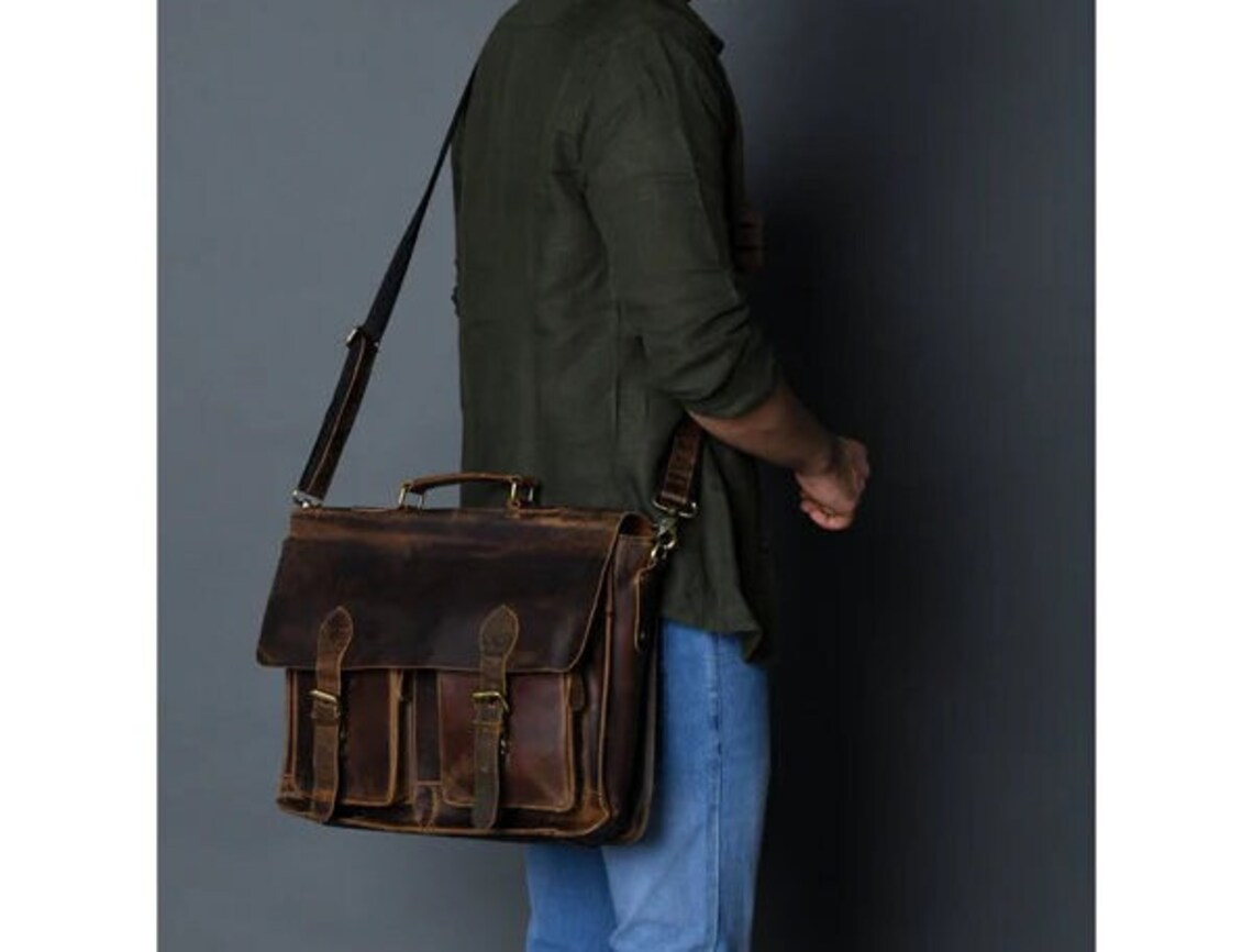 Vintage Buffalo Leather Messenger Bag 2-Pocket Laptop Briefcase for Men