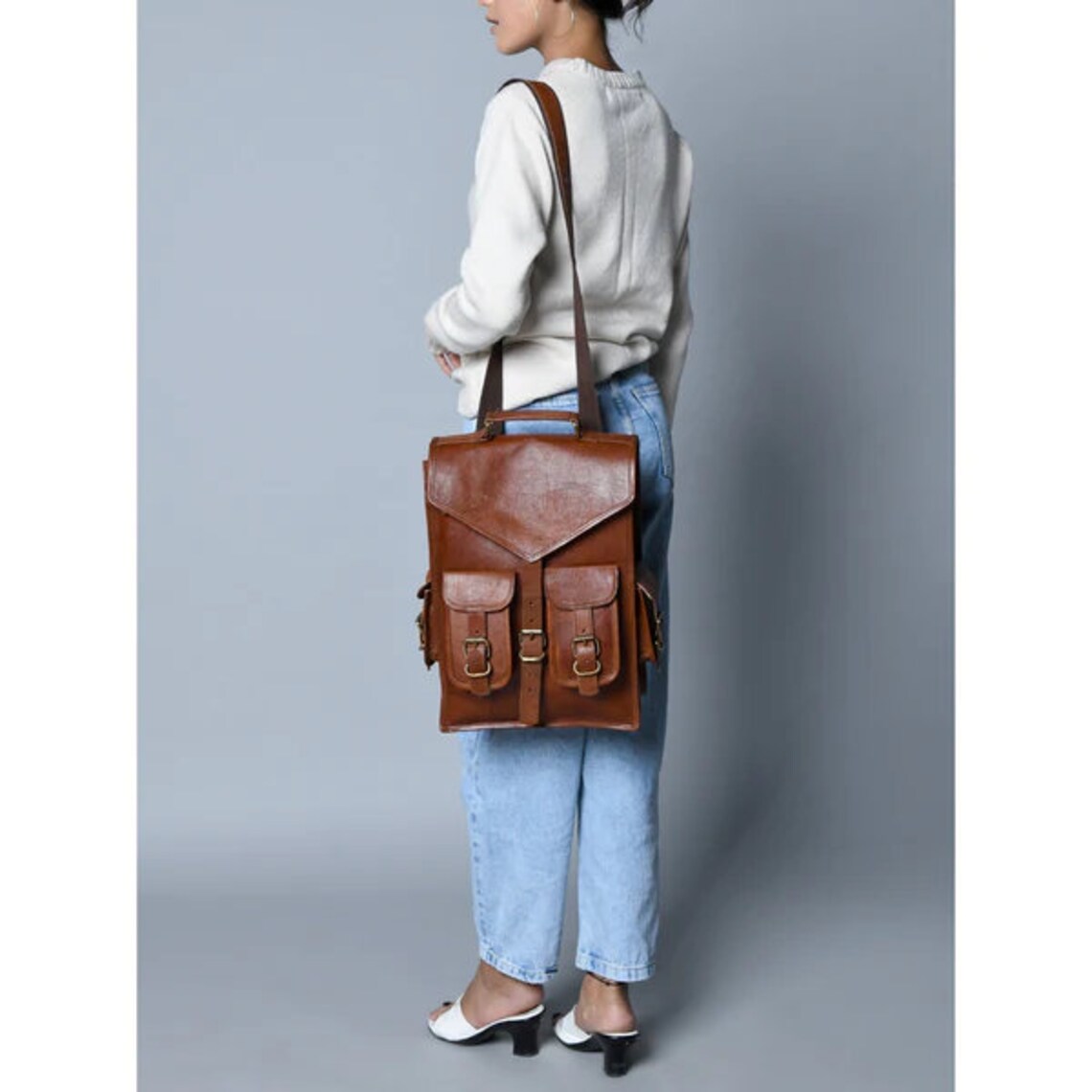 Vintage Handmade Leather Satchel Backpack Laptop Rucksack for Work & Travel