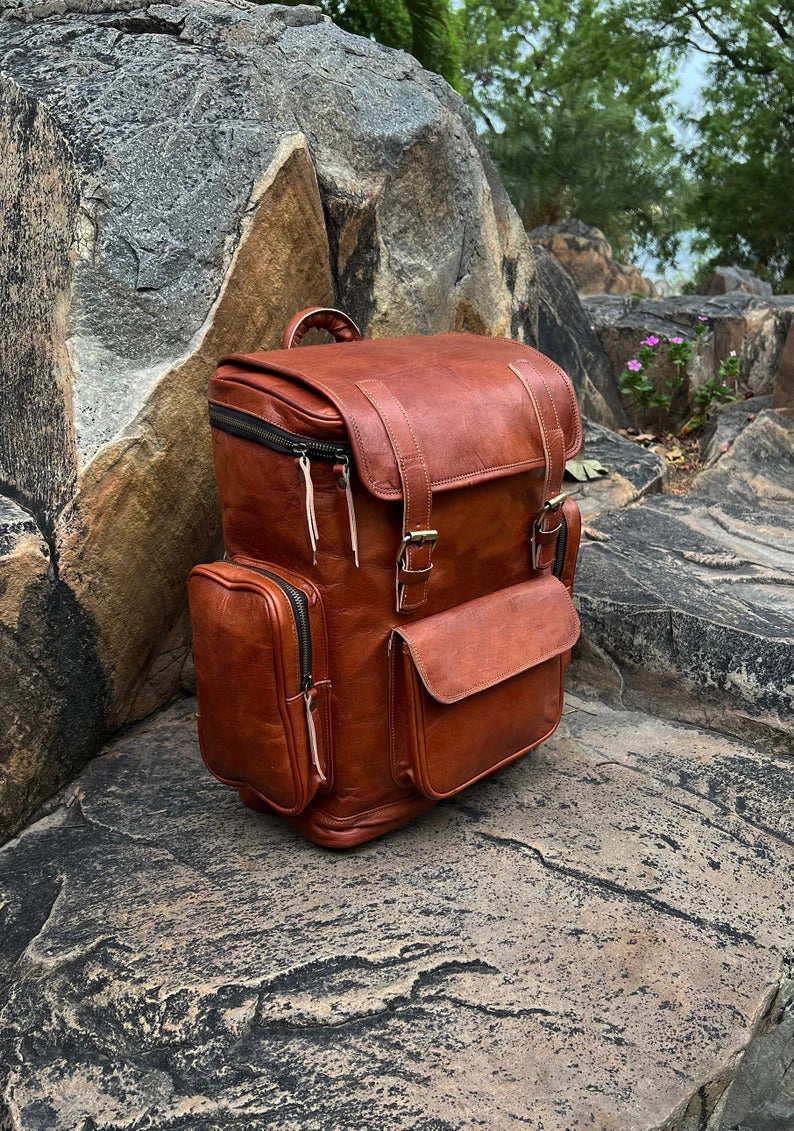 Brown Leather Roll-Top Backpack | Laptop Bag for Work & Travel