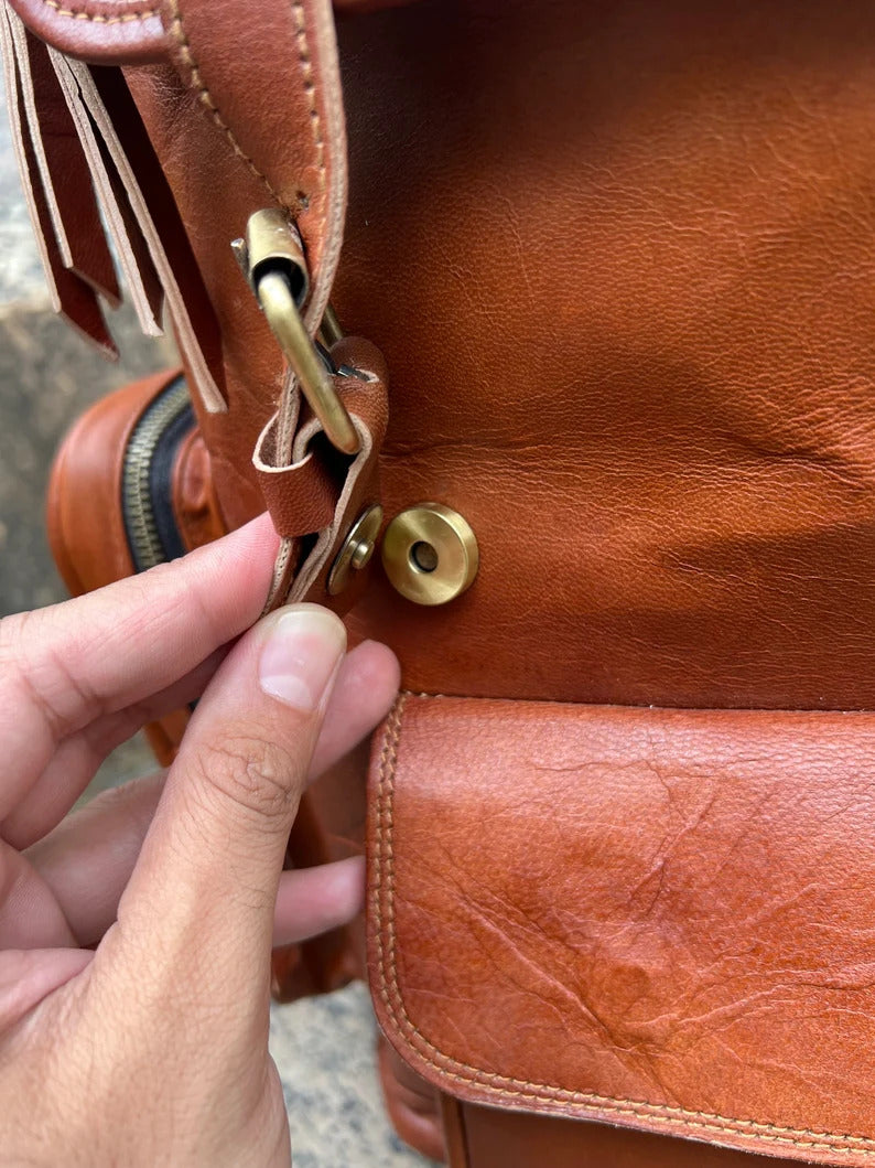 Brown Leather Roll-Top Backpack | Laptop Bag for Work & Travel