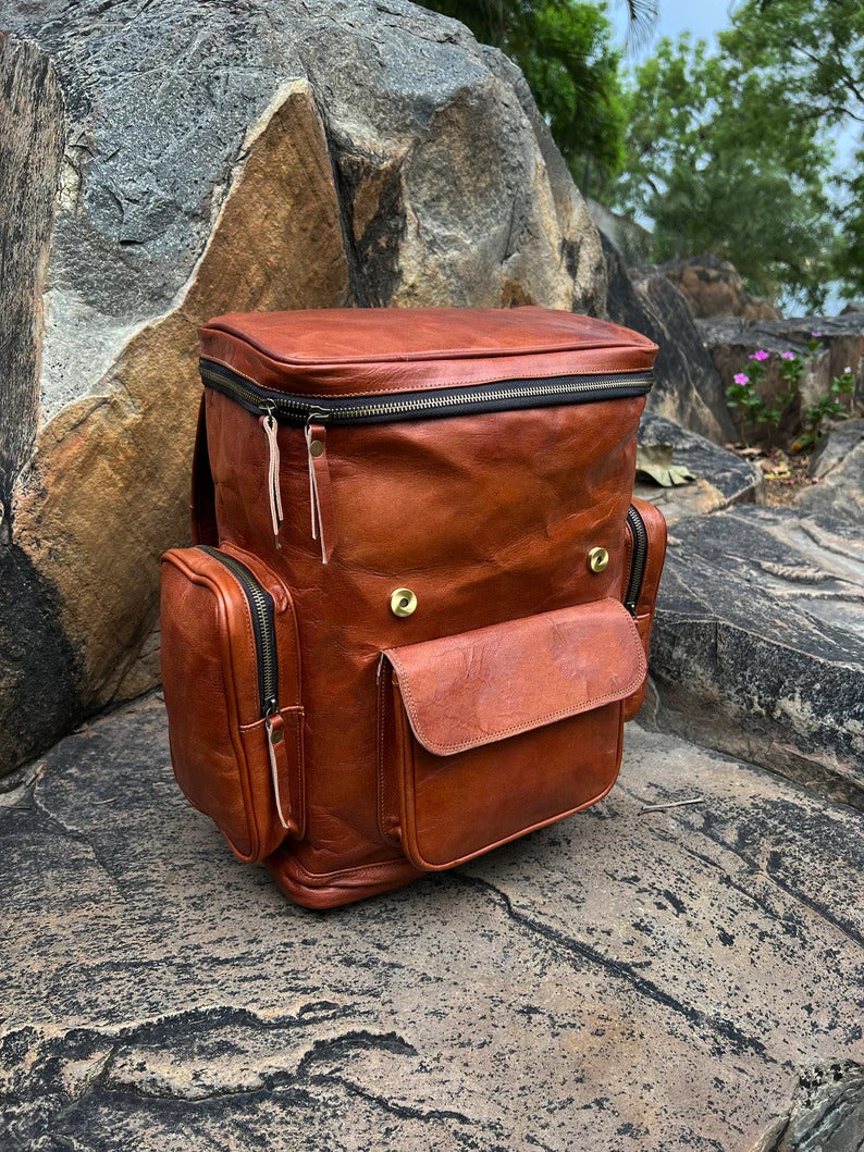 Brown Leather Roll-Top Backpack | Laptop Bag for Work & Travel