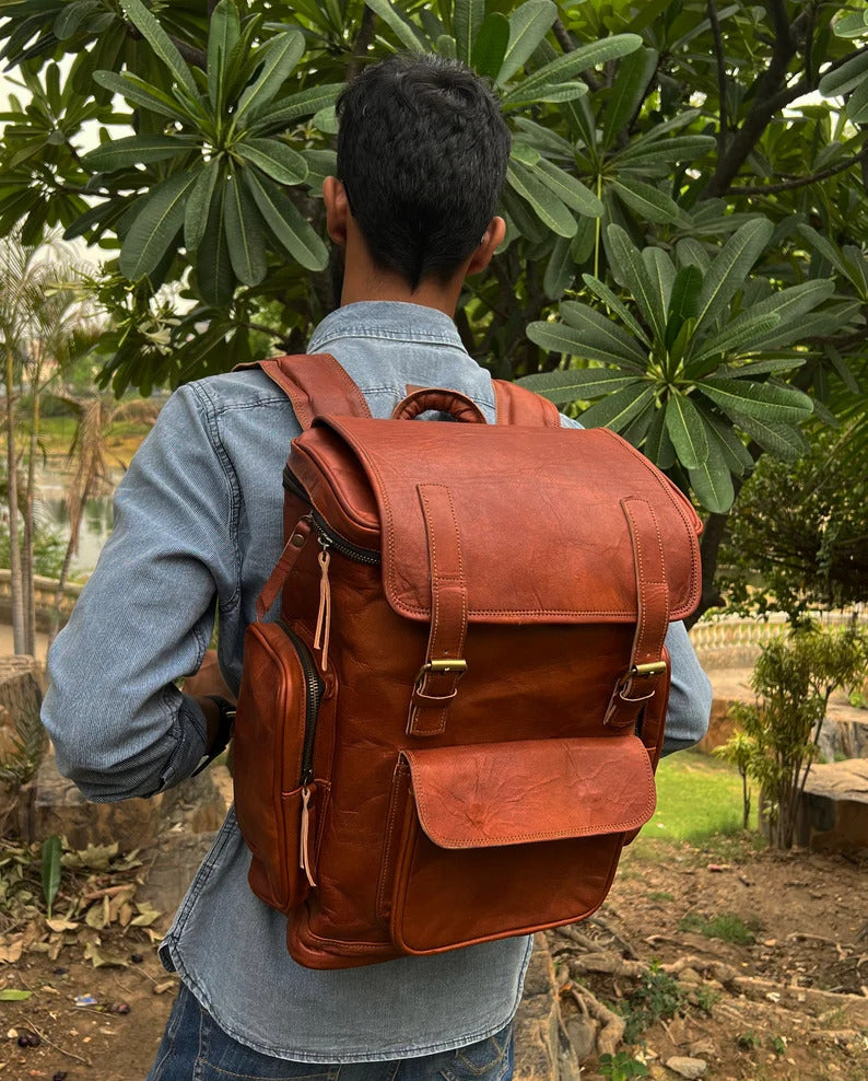 Brown Leather Roll-Top Backpack | Laptop Bag for Work & Travel
