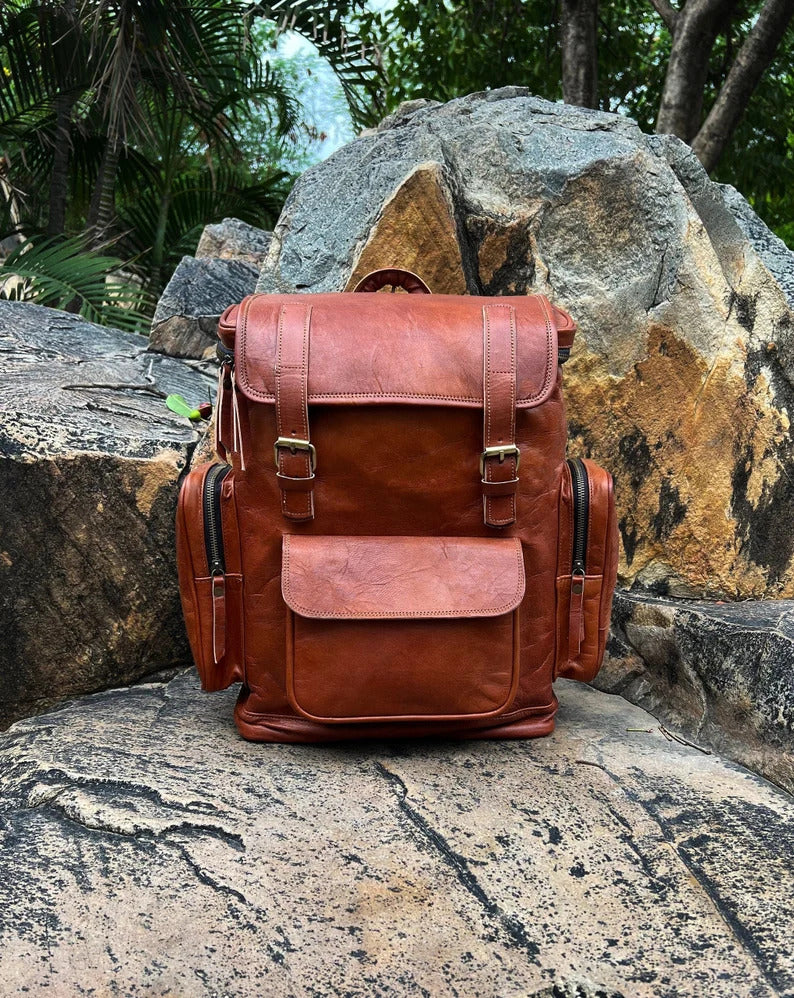 Brown Leather Roll-Top Backpack | Laptop Bag for Work & Travel