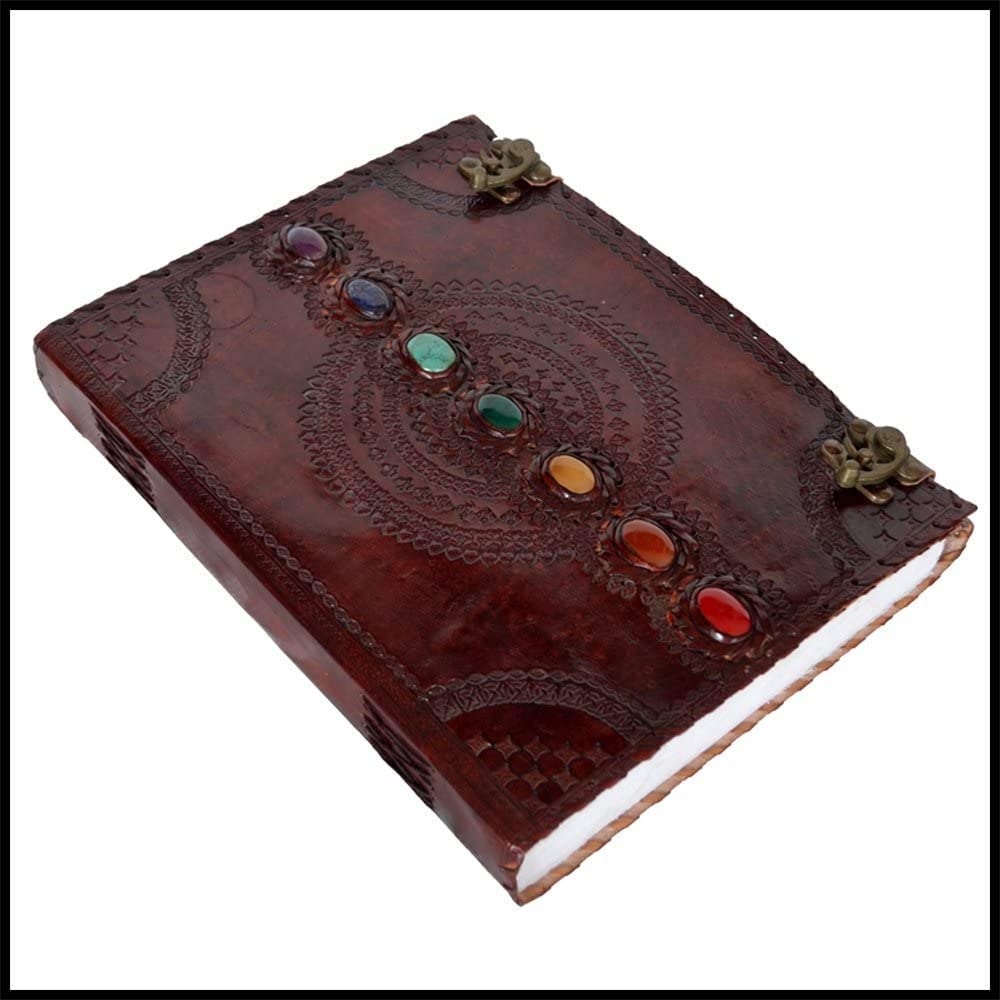 Large Leather Journal Book Seven Chakra Medieval Stone Embossed
