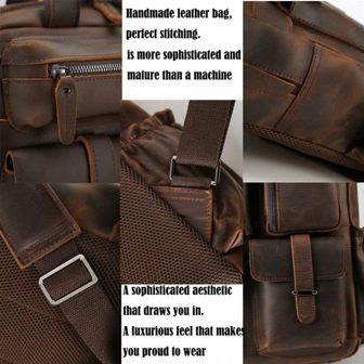 Large Leather Rucksack Backpack Multi Pocket Brown 