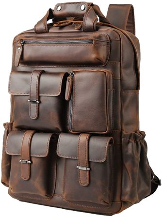 Large Leather Rucksack Backpack Multi Pocket Brown 