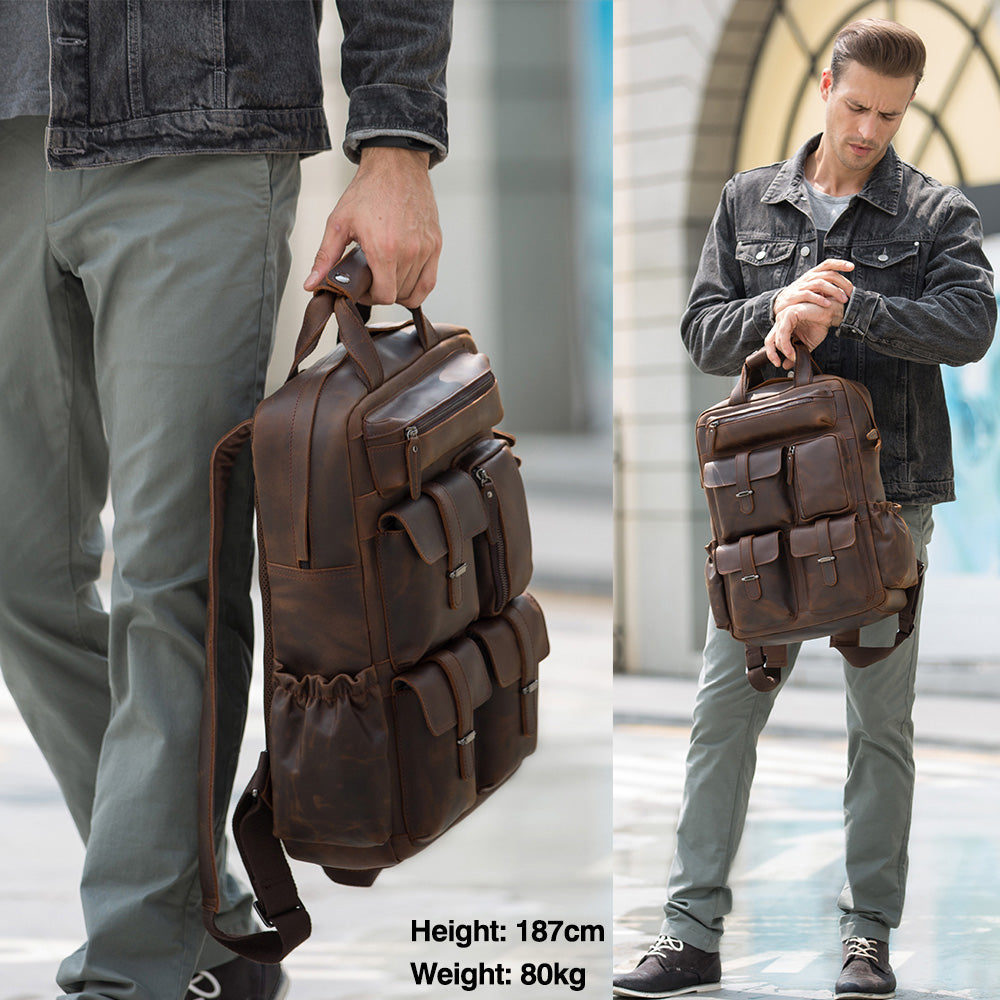 Large Leather Rucksack Backpack Multi Pocket Brown 