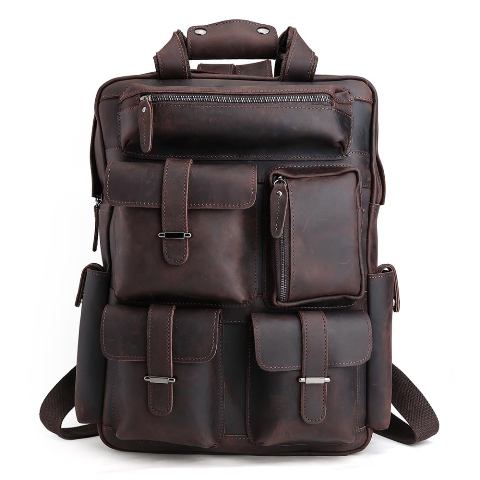 Large Leather Rucksack Backpack Multi Pocket Brown 