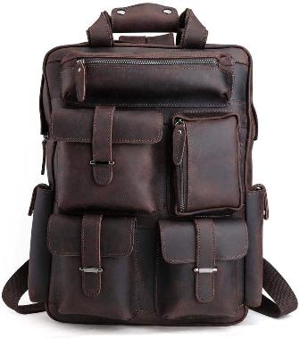 Large Leather Rucksack Backpack Multi Pocket Brown 