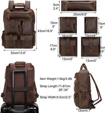Large Leather Rucksack Backpack Multi Pocket Brown 