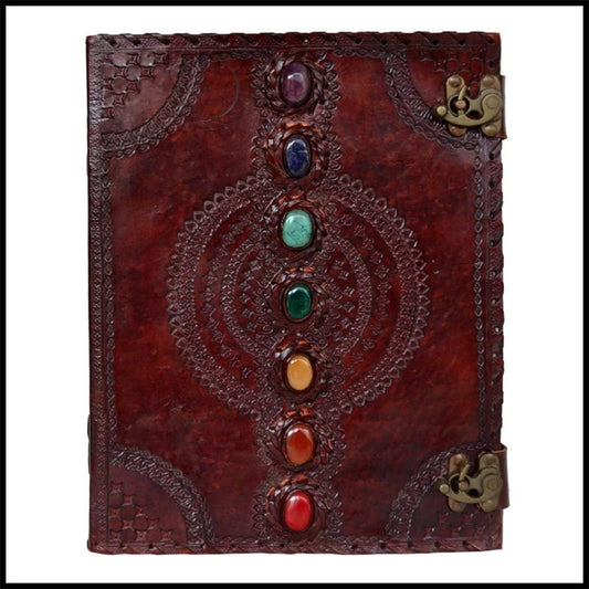 Large Leather Journal Book Seven Chakra Medieval Stone Embossed