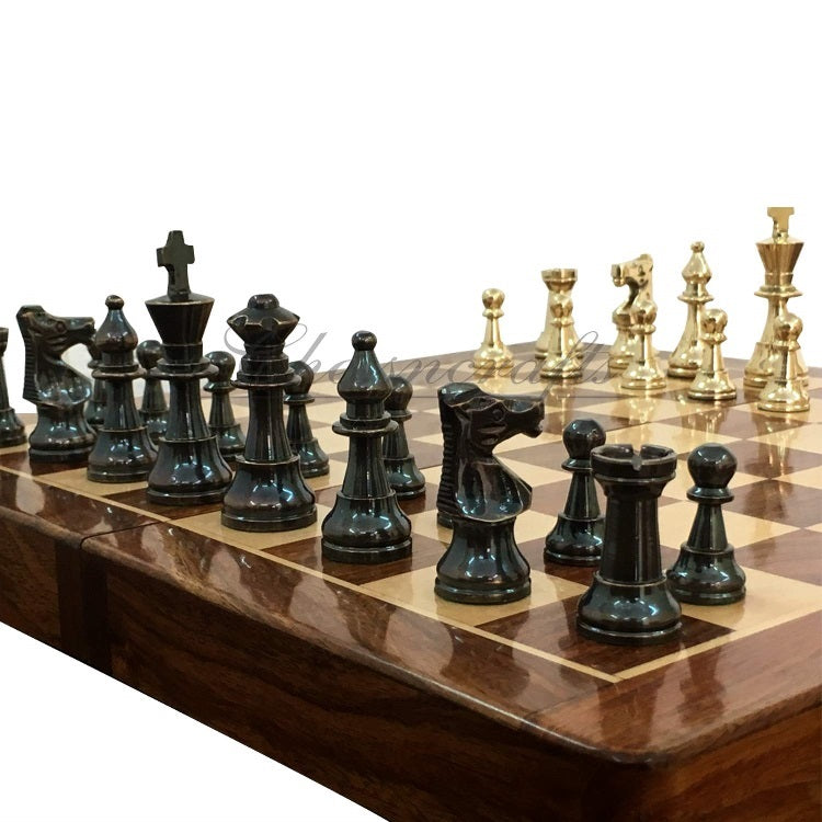 Vintage Brass Chess With Folding Wooden Chessboard