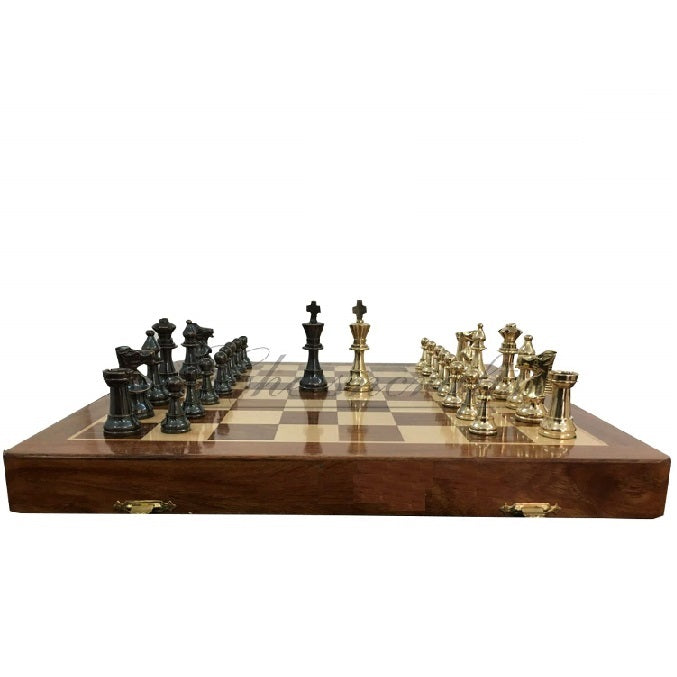Vintage Brass Chess With Folding Wooden Chessboard