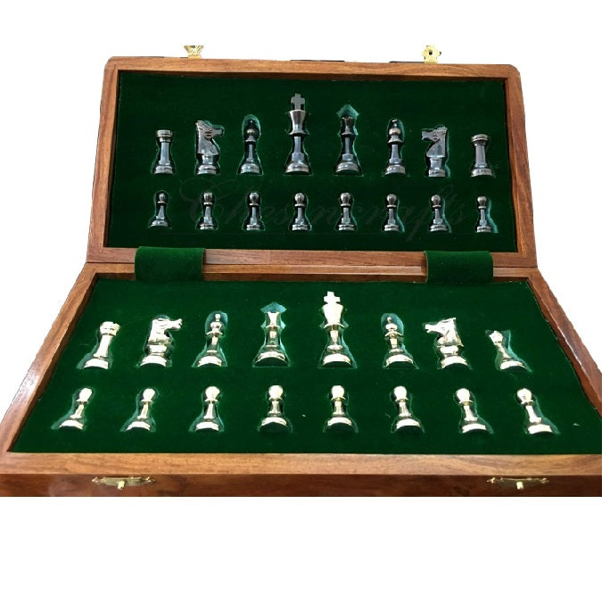 Vintage Brass Chess With Folding Wooden Chessboard