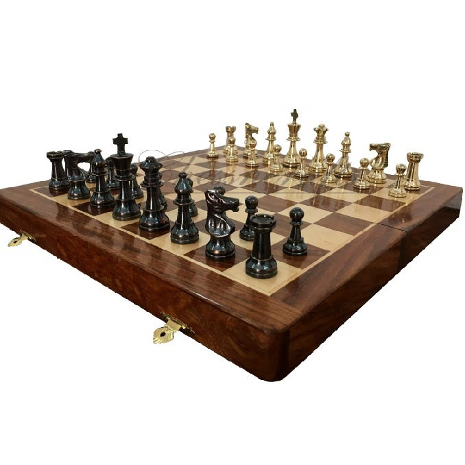 Vintage Brass Chess With Folding Wooden Chessboard