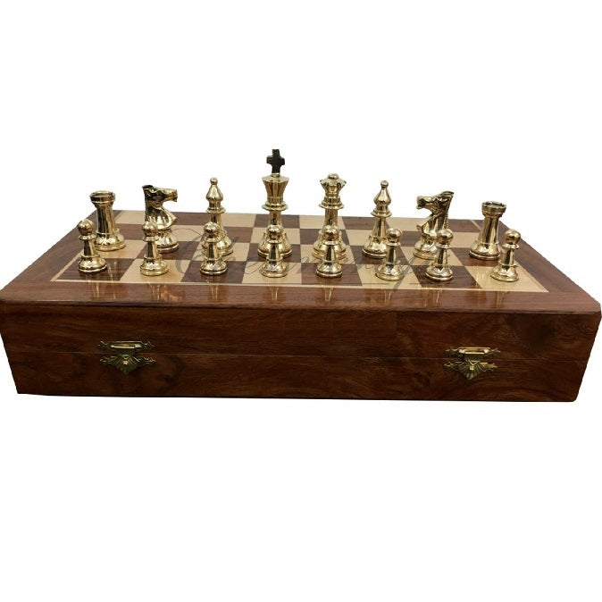 Vintage Brass Chess With Folding Wooden Chessboard