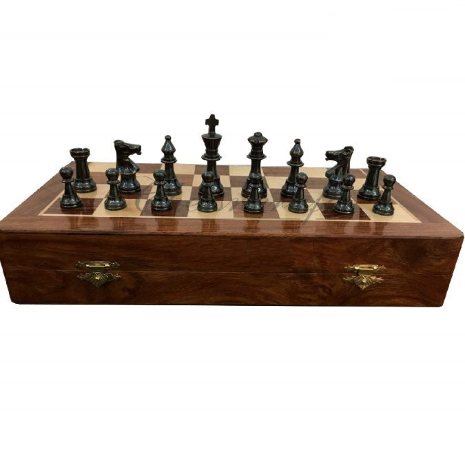 Vintage Brass Chess With Folding Wooden Chessboard
