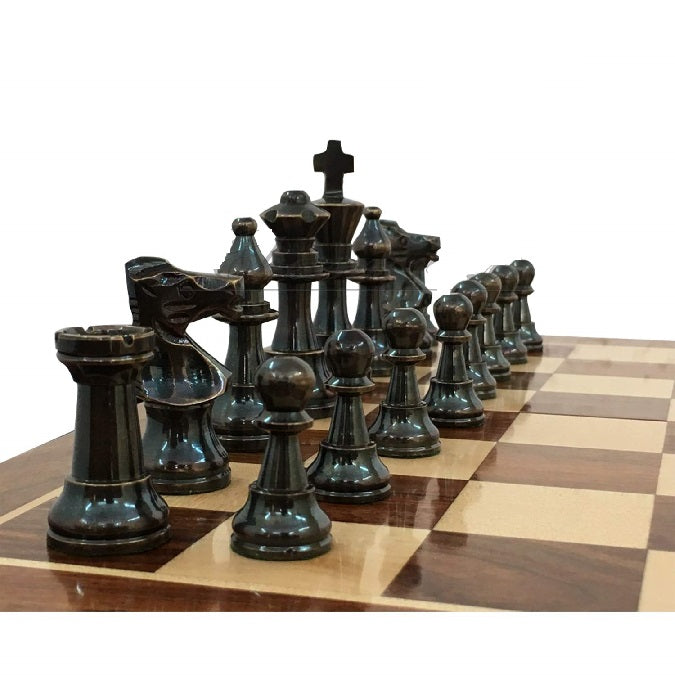 Vintage Brass Chess With Folding Wooden Chessboard