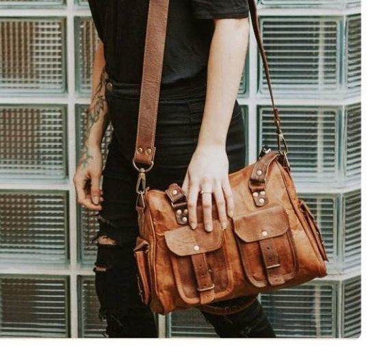 Vintage Leather Tote Bag Purse Brown Handbags Women